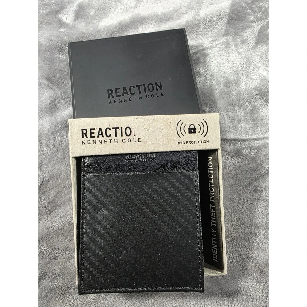 Kenneth Cole Reaction Wallet Black Slimfold Carbon Fiber RFID Protection NEW